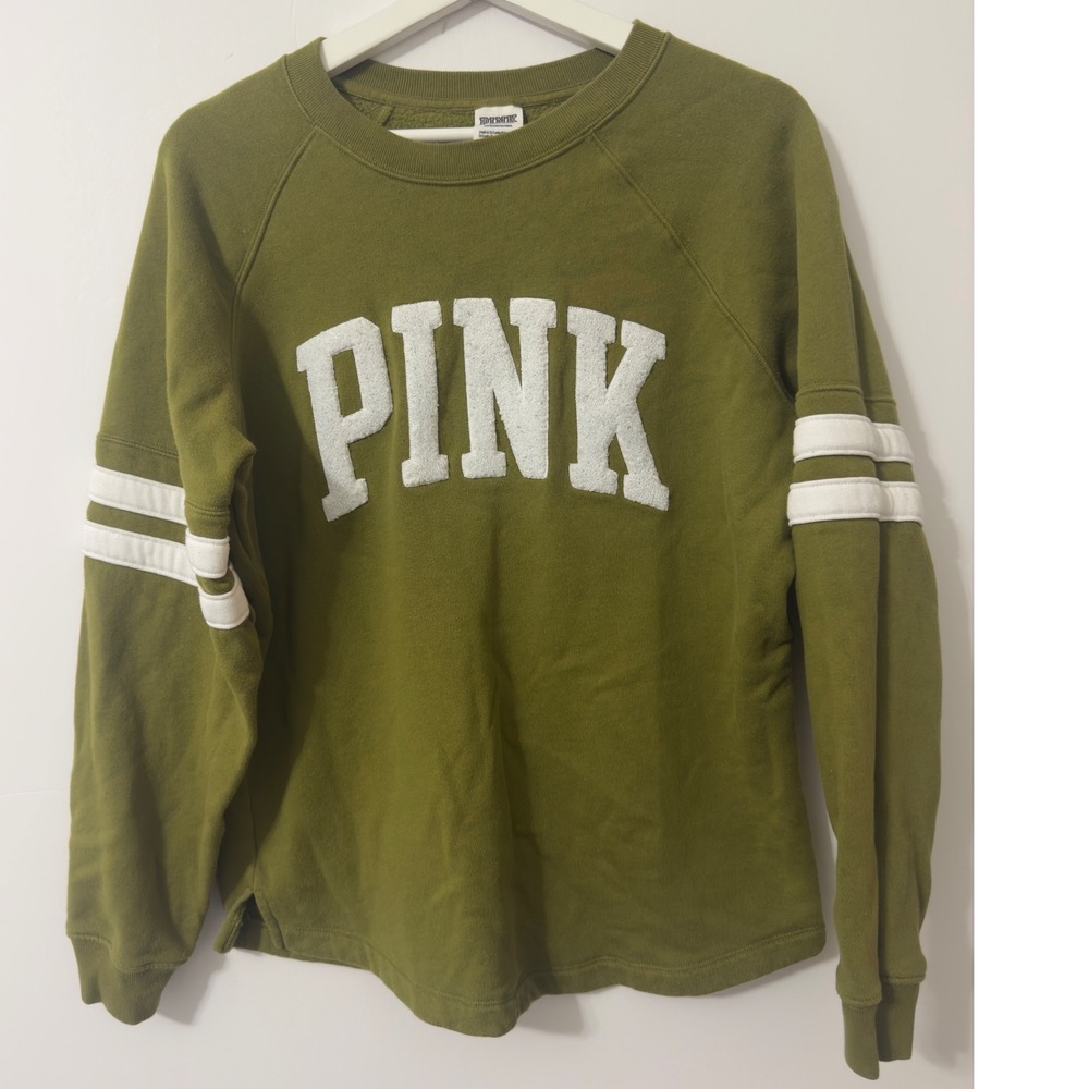 Victoria's Secret PINK Sweatshirt S Olive Green Chenille Logo Athleisure Sporty
